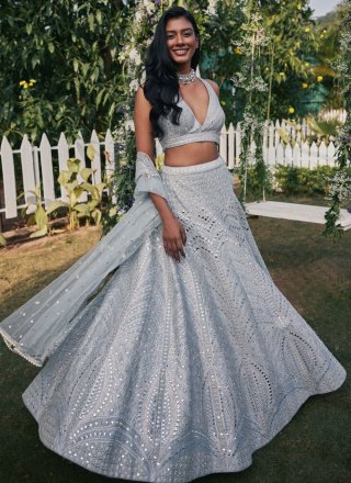 Grey Banglori Silk Lehenga Choli with Embroidered, Sequins, Thread and Zari Work