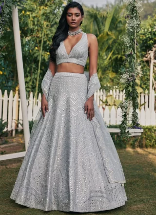 Grey Zari Embroidered Net Party shops Wear Lehenga Choli