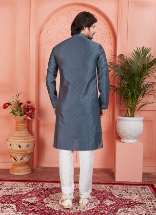 Grey Brocade Kurta Pyjama with Mirror and Pintex Work for Men