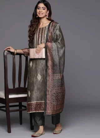 Grey Chanderi Silk Embroidered Work Salwar Suit for Ceremonial