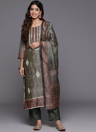 Grey Chanderi Silk Embroidered Work Salwar Suit for Ceremonial