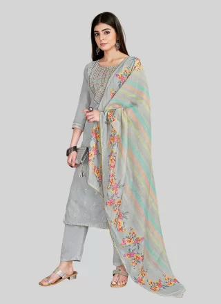 Grey Chanderi Silk Pant Style Suit