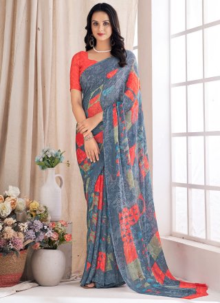 Grey Chiffon Classic Sari with Print Work for Casual