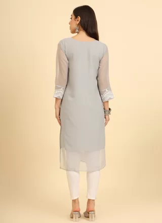Grey Chikankari, Embroidered and Lucknowi Work Work Georgette Party Wear Kurti