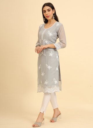 Grey Chikankari, Embroidered and Lucknowi Work Work Georgette Party Wear Kurti