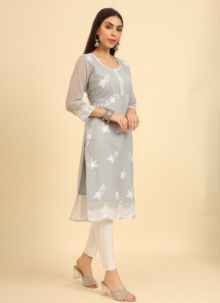 Grey Chikankari, Embroidered and Lucknowi Work Work Georgette Party Wear Kurti
