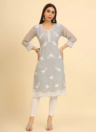 Grey Chikankari, Embroidered and Lucknowi Work Work Georgette Party Wear Kurti