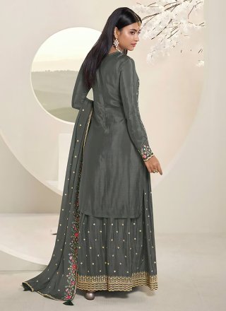 Grey Chinon Embroidered Work Designer for Festival