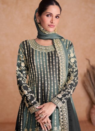 Grey Chinon Embroidered Work Readymade Salwar Suit for Mehndi