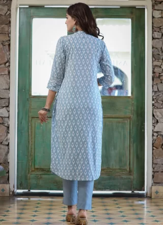 Grey Cotton Embroidered Work Casual Kurti for Women