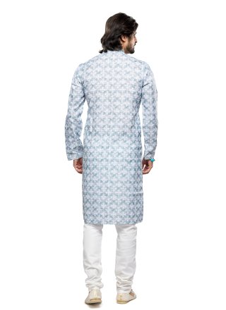Grey Cotton Kurta Pyjama with Digital Print and Thread Work