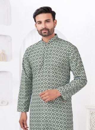 Grey Cotton Kurta Pyjama with Digital Print Work for Men