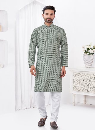 Grey Cotton Kurta Pyjama with Digital Print Work for Men