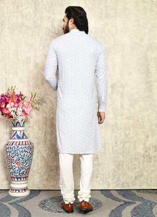Grey Cotton Lycra Plain Work Kurta Pyjama for Men