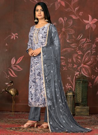Grey Cotton Palazzo Salwar Suit with Hand and Woven Work for Women