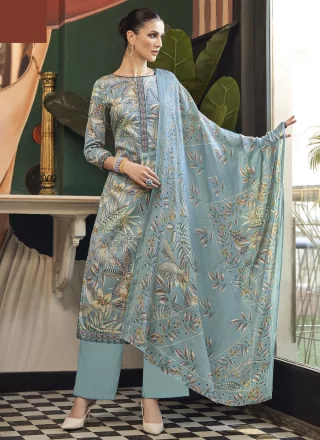 Grey Cotton Salwar Suit with Digital Print and Embroidered Work for Women