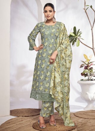 Grey Cotton Salwar Suit with Digital Print Work for Women