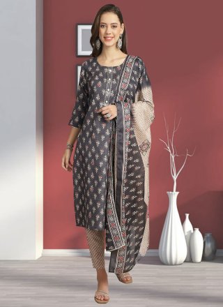 Grey Cotton Salwar Suit with Print Work