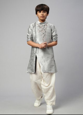 Grey Dupion Silk Embroidered Work Angrakha Kids Wear