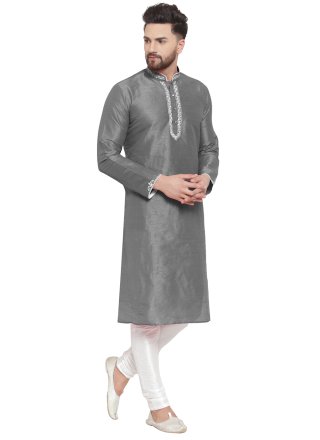 Grey Dupion Silk Embroidered Work Kurta Pyjama for Men