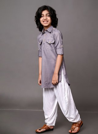 Grey Dupion Silk Plain Work Kurta Pyjama for Festival