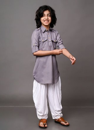 Grey Dupion Silk Plain Work Kurta Pyjama for Festival