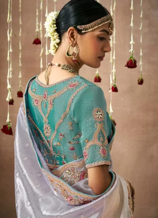 Grey Embroidered Work Organza Contemporary Sari