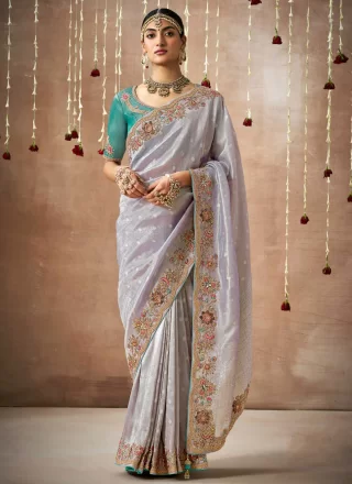 Grey Embroidered Work Organza Contemporary Sari