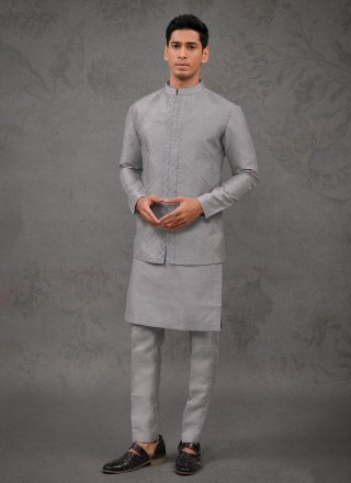Grey Embroidered Work Silk Kurta Payjama with Jacket