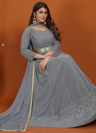 Grey Faux Georgette Embroidered and Sequins Work Designer Gown for Festival