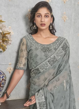 Grey Faux Georgette Embroidered and Sequins Work Trendy Saree