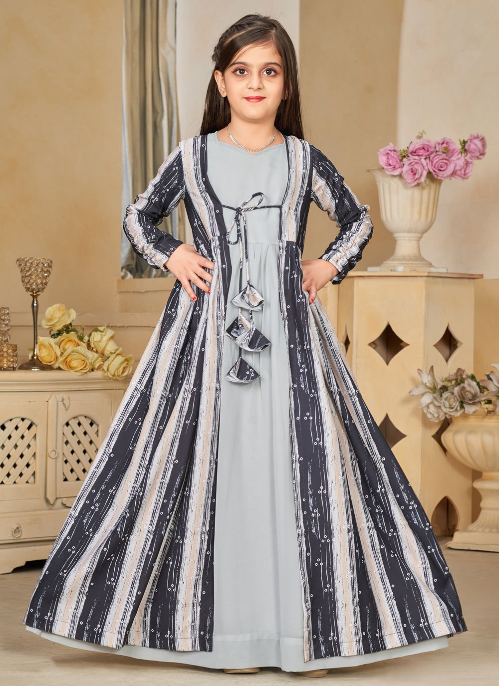 Shop Grey Faux Georgette Gown Kids Wear with Online 285685