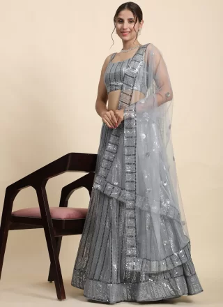 Grey Faux Georgette Lehenga Choli with Embroidered and Sequins Work