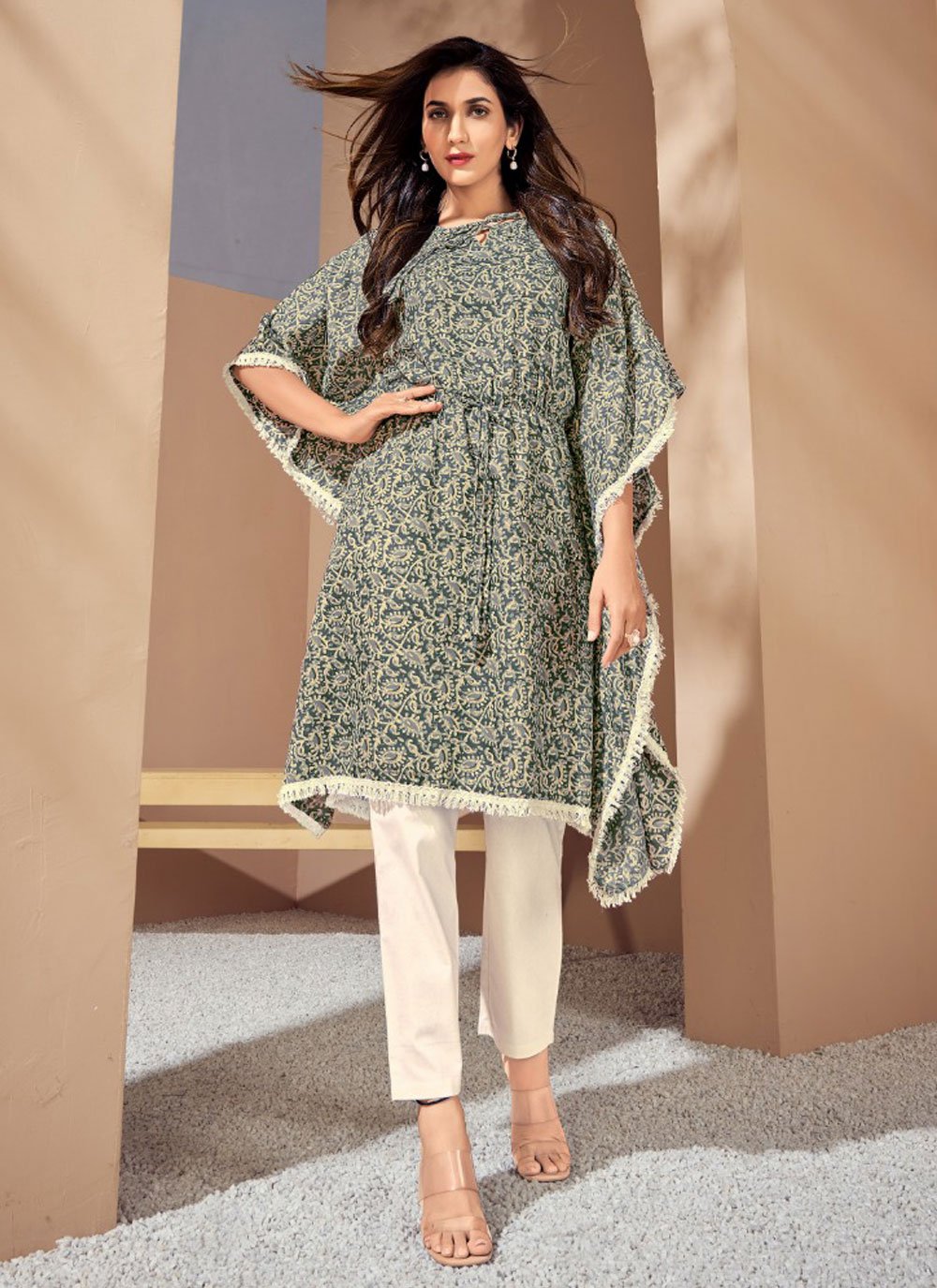 Buy Grey Foil Print Work Cotton Casual Kurti Online 281356