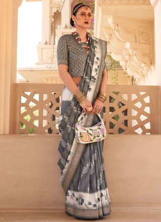 Grey Foil Print Work Silk Designer Saree