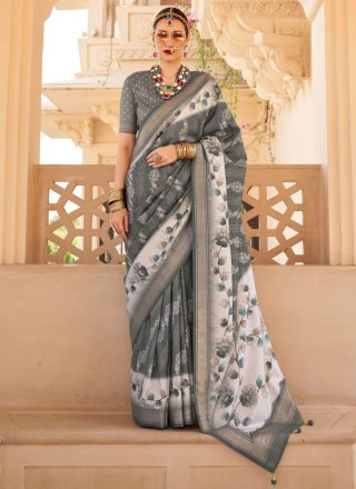 Grey Foil Print Work Silk Designer Saree