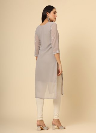 Grey Georgette Casual Kurti with Chikankari and Embroidered Work for Women