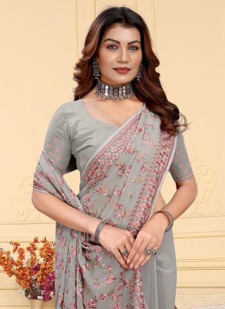 Grey Georgette Embroidered and Resham Work Designer Sari for Women