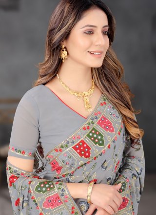 Grey Georgette Embroidered, Mirror, Sequins and Zari Work Traditional Saree for Women