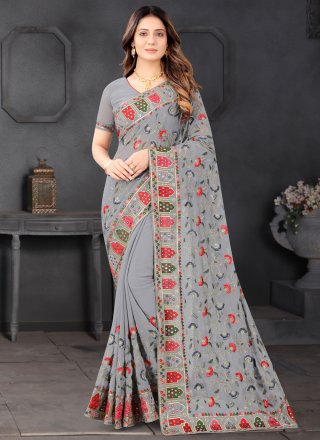 Grey Georgette Embroidered, Mirror, Sequins and Zari Work Traditional Saree for Women