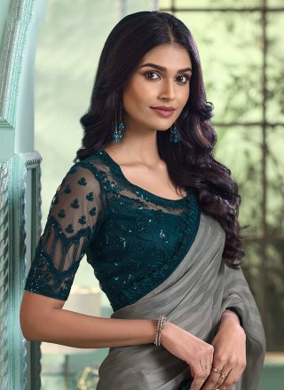 Grey Georgette Patch Border Work Classic Saree