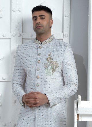 Grey Georgette Sherwani Mens Wear with Embroidered Work for Ceremonial