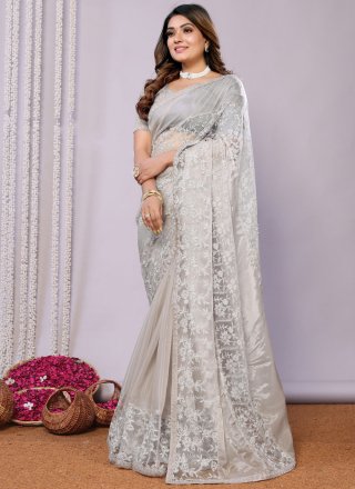 Grey Glass Tissue Traditional Saree with Embroidered Work