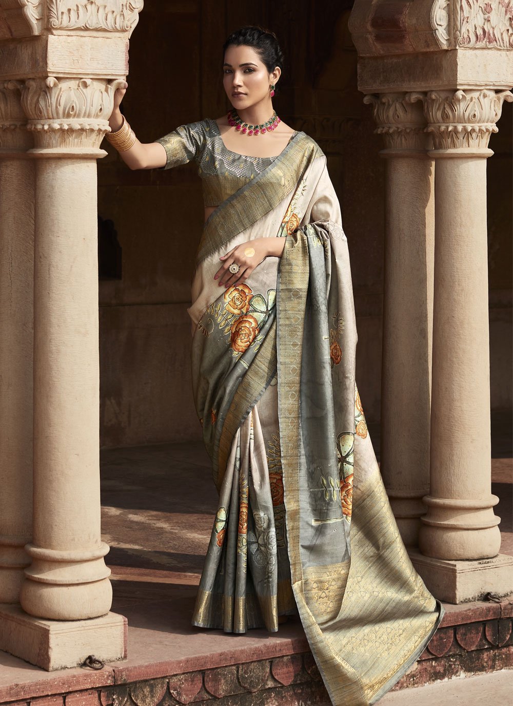 Buy Grey Semi Stitched Handloom Sarees Online for Women in USA