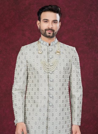 Grey Jacquard Buttons, Hand and Stone Work Sherwani Mens Wear for Ceremonial