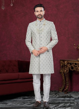 Grey Jacquard Buttons, Hand and Stone Work Sherwani Mens Wear for Ceremonial