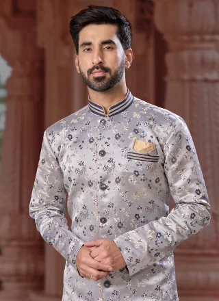 Grey Jacquard Indo Western Sherwani with Fancy and Thread Work for Ceremonial