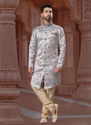 Grey Jacquard Indo Western Sherwani with Fancy and Thread Work for Ceremonial