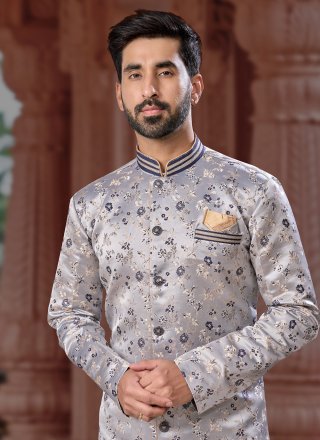 Grey Jacquard Indo Western Sherwani with Fancy and Thread Work for Engagement
