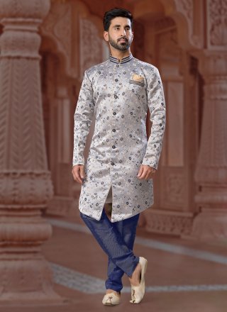 Grey Jacquard Indo Western Sherwani with Fancy and Thread Work for Engagement